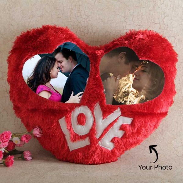 Lovely Heart Shaped Dual Photo Personalized Red Cushion